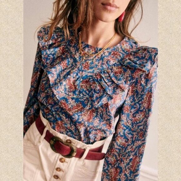 💕SEZANE💕 West Shirt Ranch Marine Multi-Color Paisley Floral Print FR 38 = US 6 - Picture 5 of 16